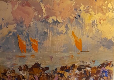 Peinture intitulée "Trois voiles orange…" par Jean-Pierre Duquaire, Œuvre d'art originale, Huile Monté sur Châssis en bois