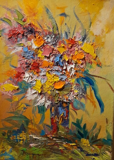 Painting titled "Un petit bouquet lu…" by Jean-Pierre Duquaire, Original Artwork, Oil Mounted on Wood Stretcher frame