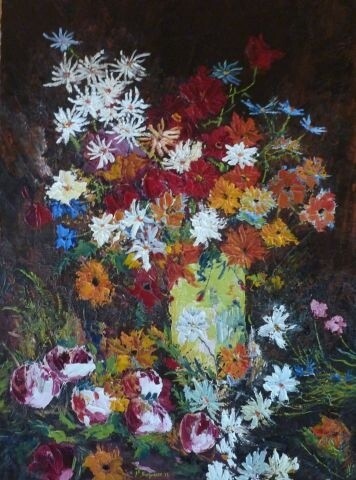 Pintura intitulada "Fleurs au vase vert." por Jean-Pierre Duquaire, Obras de arte originais, Óleo