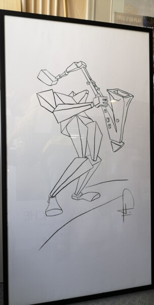 Tekening getiteld "Saxophoniste" door Jean-Pierre Emond, Origineel Kunstwerk, Houtskool