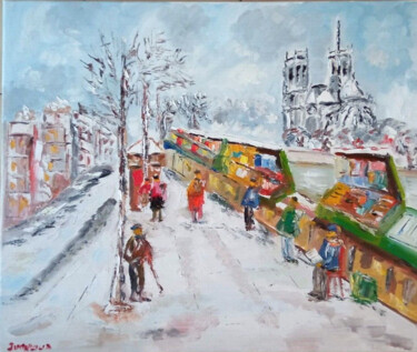 Painting titled "PARIS LES BOUQUINIS…" by Jean Pierre Jumeaux, Original Artwork, Oil Mounted on Wood Stretcher frame