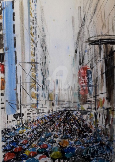 Картина под названием ""Les parapluies de…" - Jean-Pierre Missistrano, Подлинное произведение искусства, Акварель