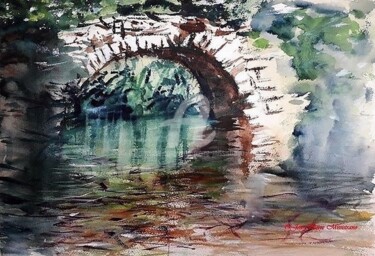 Peinture intitulée ""Le Pont Ardéchois" par Jean-Pierre Missistrano, Œuvre d'art originale, Aquarelle