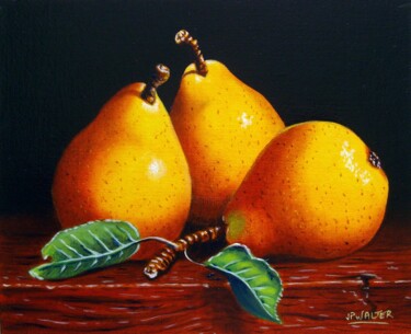 Painting titled "3 petites poires cl…" by Jean-Pierre Walter, Original Artwork, Oil Mounted on Cardboard
