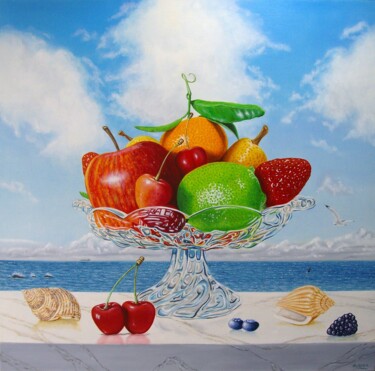 Painting titled "Coupe de fruits à T…" by Jean-Pierre Walter, Original Artwork, Oil Mounted on Wood Stretcher frame