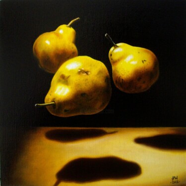 Painting titled "Poires volantes" by Jean-Pierre Walter, Original Artwork, Oil Mounted on Cardboard