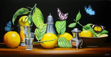 Painting titled "Citrons flamands au…" by Jean-Pierre Walter, Original Artwork, Oil Mounted on Wood Stretcher frame