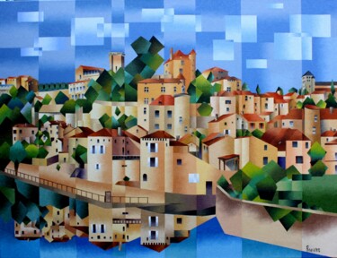 Peinture intitulée "VILLAGE DE PUY L 'E…" par Jean Rougerie, Œuvre d'art originale, Huile Monté sur Châssis en bois