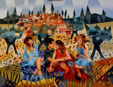 「LE CHANT DES CIGALES」というタイトルの絵画 Jean Rougerieによって, オリジナルのアートワーク, オイル