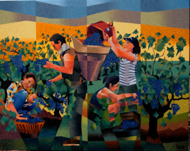 Painting titled "VENDANGES EN OCCITA…" by Jean Rougerie, Original Artwork, Oil Mounted on Wood Stretcher frame