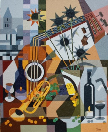 Pintura intitulada "TROMPETTE ET GUITARE" por Jean Rougerie, Obras de arte originais, Óleo Montado em Armação em madeira