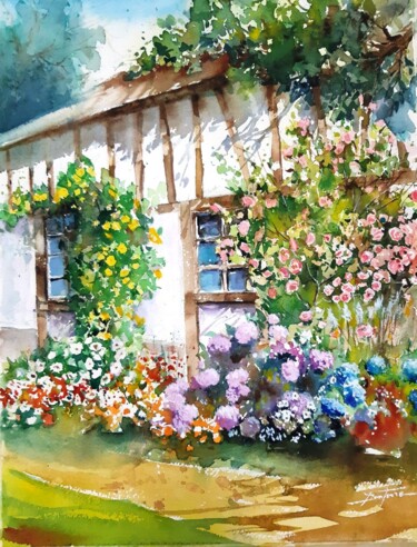 Peinture intitulée "maison fleurie 2" par Jean Senterre, Œuvre d'art originale, Aquarelle