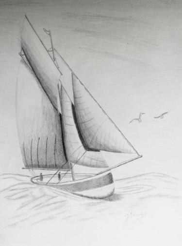 Zeichnungen mit dem Titel "Voilier de pêche" von Jean Seunes, Original-Kunstwerk, Graphit
