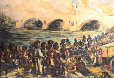 Painting titled ""Sur le Pont d'Avig…" by Jean Xavier Combe, Original Artwork, Oil Mounted on Wood Stretcher frame