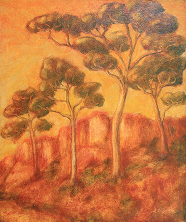 Painting titled "Pins à Roussillon." by Jean Xavier Combe, Original Artwork, Oil Mounted on Wood Stretcher frame