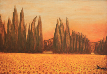 Painting titled "Champ de tournesols" by Jean Xavier Combe, Original Artwork, Oil Mounted on Wood Stretcher frame