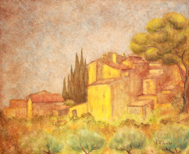 Painting titled "Vaugines" by Jean Xavier Combe, Original Artwork, Oil Mounted on Wood Stretcher frame