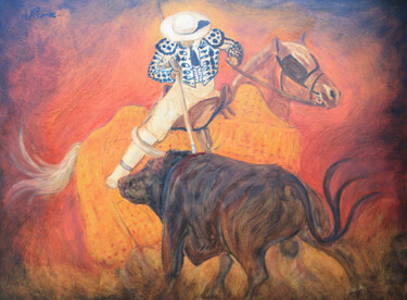 Painting titled "Picador II." by Jean Xavier Combe, Original Artwork, Oil Mounted on Wood Stretcher frame