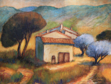 Painting titled "Mas près de Petit P…" by Jean Xavier Combe, Original Artwork, Oil Mounted on Wood Stretcher frame