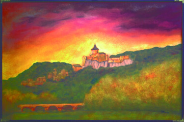 Painting titled ""Château de Casteln…" by Jean Xavier Combe, Original Artwork, Oil Mounted on Wood Stretcher frame