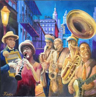 「New Orleans Band」というタイトルの絵画 Jean-Yves Quentricによって, オリジナルのアートワーク, オイル ウッドストレッチャーフレームにマウント