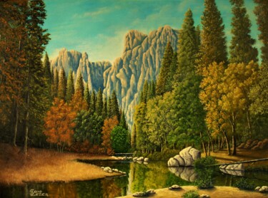 제목이 "Petit pont dans la…"인 미술작품 Jean-Yves Saint Lezer로, 원작, 기름 나무 들것 프레임에 장착됨