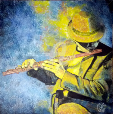 Painting titled "joueur-de-flute. n°…" by Jc C-S ' Art, Original Artwork, Oil Mounted on Wood Stretcher frame