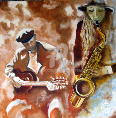 Painting titled "jazz-couple  n° 336…" by Jc C-S ' Art, Original Artwork, Oil Mounted on Wood Stretcher frame