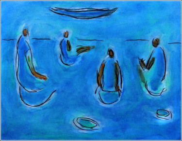 Peinture intitulée "PIQUE-NIQUE BLEU" par Jean Mirre, Œuvre d'art originale, Huile