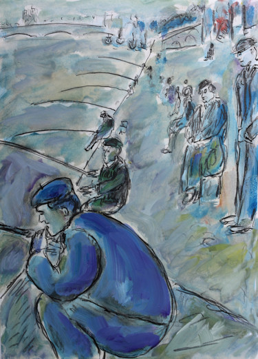 Картина под названием "Pêche à la ligne" - Jean Mirre, Подлинное произведение искусства, Масло