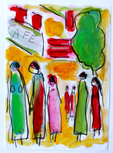 Painting titled "CAFÉ  FAMILLE" by Jean Mirre, Original Artwork, Oil