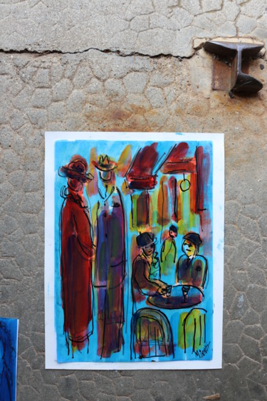 Painting titled "LES GENS AU CAFÉ" by Jean Mirre, Original Artwork, Oil