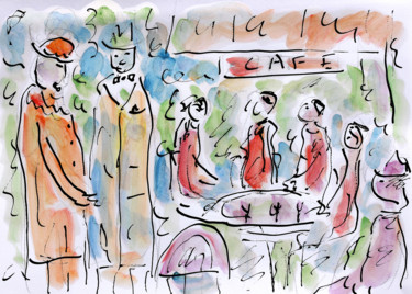 Schilderij getiteld "BONHEUR CAFÉ,PARIS" door Jean Mirre, Origineel Kunstwerk, Olie