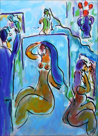 Картина под названием "L'atelier bleu1" - Jean Mirre, Подлинное произведение искусства, Масло