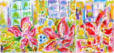 Schilderij getiteld "Triptyque Hibiscus" door Jean Mirre, Origineel Kunstwerk, Olie
