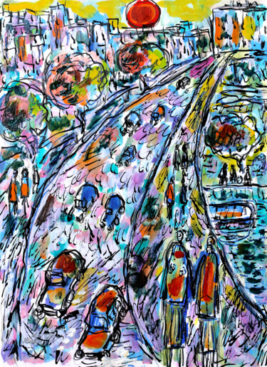 Картина под названием "Sur le pont" - Jean Mirre, Подлинное произведение искусства, Масло