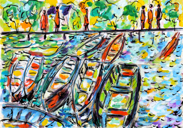 Картина под названием "Les barques" - Jean Mirre, Подлинное произведение искусства, Масло