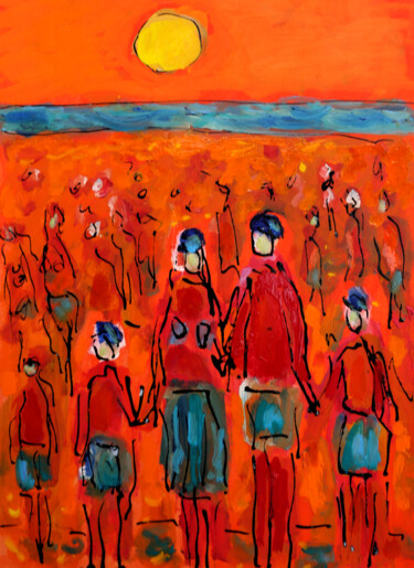 Картина под названием "Famille à la plage1" - Jean Mirre, Подлинное произведение искусства, Масло