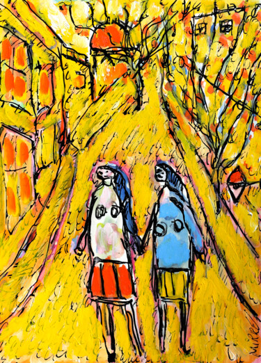 Schilderij getiteld "Chemin de l'école" door Jean Mirre, Origineel Kunstwerk, Olie