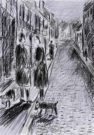 Desenho intitulada "Au coin d'la rue" por Jean Mirre, Obras de arte originais, Lápis