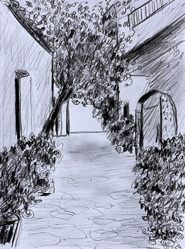 Drawing titled "Patio" by Jean Mirre, Original Artwork, Pencil