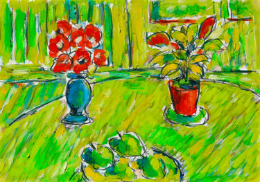 Pintura intitulada "Les poivrons verts" por Jean Mirre, Obras de arte originais, Óleo