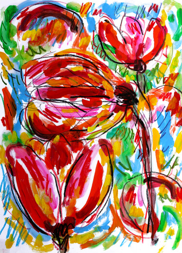 Peinture intitulée "Red tulips" par Jean Mirre, Œuvre d'art originale, Huile