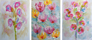 "Triptyque fleurs ro…" başlıklı Tablo Jean Mirre tarafından, Orijinal sanat, Petrol