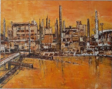 Schilderij getiteld "Usine au couchant" door Jeanne-Marie Delbarre, Origineel Kunstwerk, Acryl Gemonteerd op Frame voor hout…