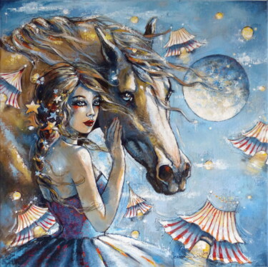 Painting titled "Moon circus" by Jeanne Saint Chéron, Original Artwork, Acrylic Mounted on Wood Stretcher frame