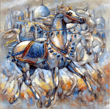 Painting titled "Bleu d'orient" by Jeanne Saint Chéron, Original Artwork, Acrylic Mounted on Wood Stretcher frame