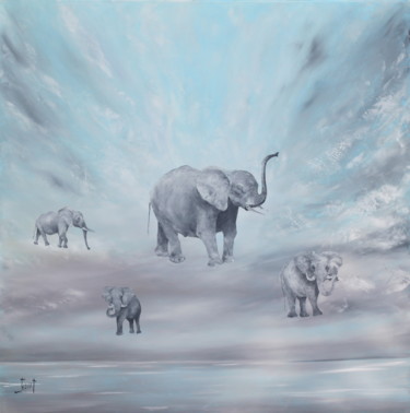 Schilderij getiteld "CIEL des. ELEPHANTS" door Christian Jeannet, Origineel Kunstwerk, Olie Gemonteerd op Frame voor houten…