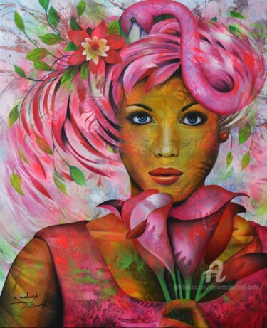 Ζωγραφική με τίτλο "Pink Lady" από Jeannette Guichard-Bunel, Αυθεντικά έργα τέχνης, Λάδι Τοποθετήθηκε στο Ξύλινο φορείο σκελ…