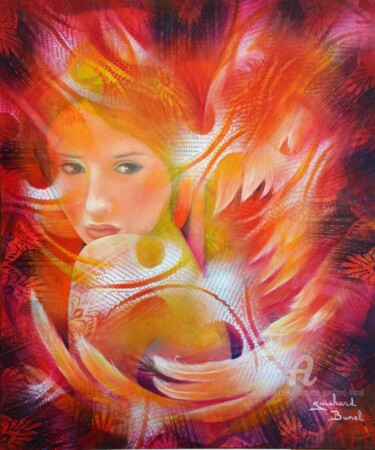 Painting titled "l'ange protecteur" by Jeannette Guichard-Bunel, Original Artwork, Oil